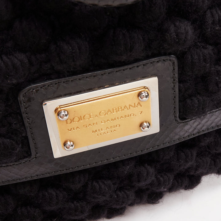 DOLCE GABBANA Miss Sicily black crochet scaled leather trim top handle bag