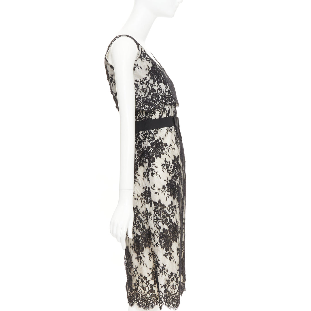 CHRISTIAN DIOR Vintage black floral lace pearl silk grosgrain bow dress FR36 S