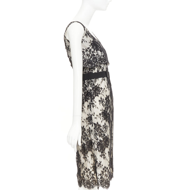 CHRISTIAN DIOR Vintage black floral lace pearl silk grosgrain bow dress FR36 S