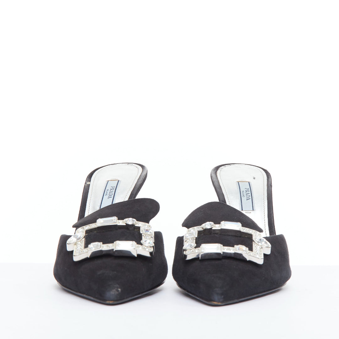 PRADA black crystal rectangle buckle suede leather mules EU39