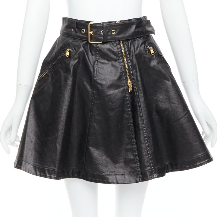 MOSCHINO black coated cotton gold hardware biker skater skirt  IT38 XS