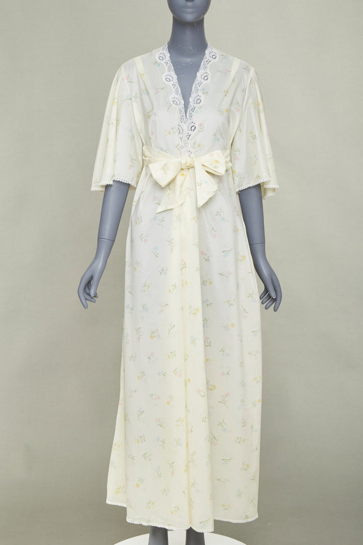 CHRISTIAN DIOR Vintage Sleepwear floral lace trim pastel yellow peignoir robe