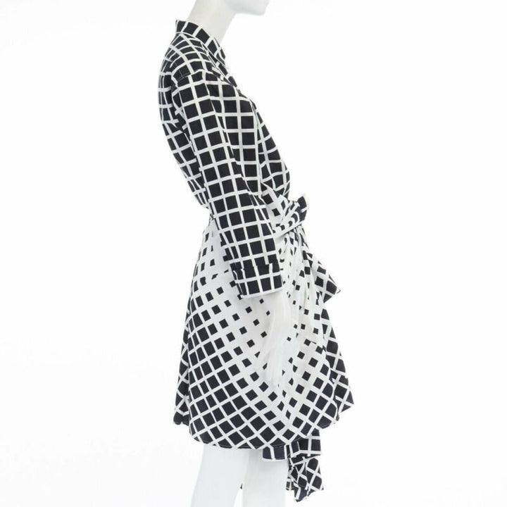 DRIES VAN NOTEN 2009 Runway black white checked wrap bustle knot dress FR36 S