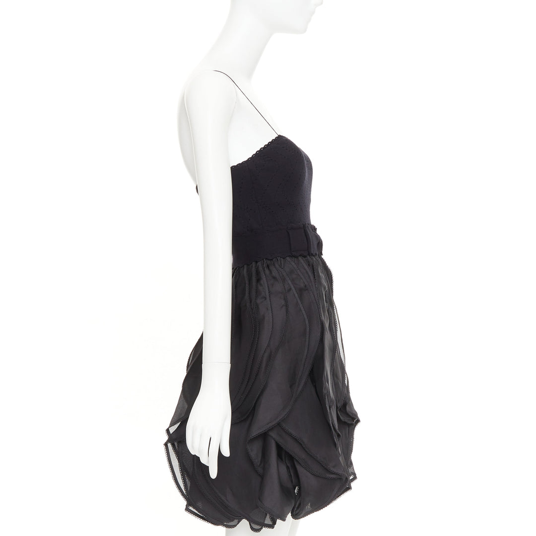 ADAM JONES Vintage black pointelle knit bow cascade ruffle babydoll dress IT38
