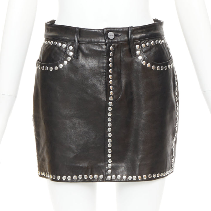 FRAME black lambskin leather silver studded high waist mini skirt 25"