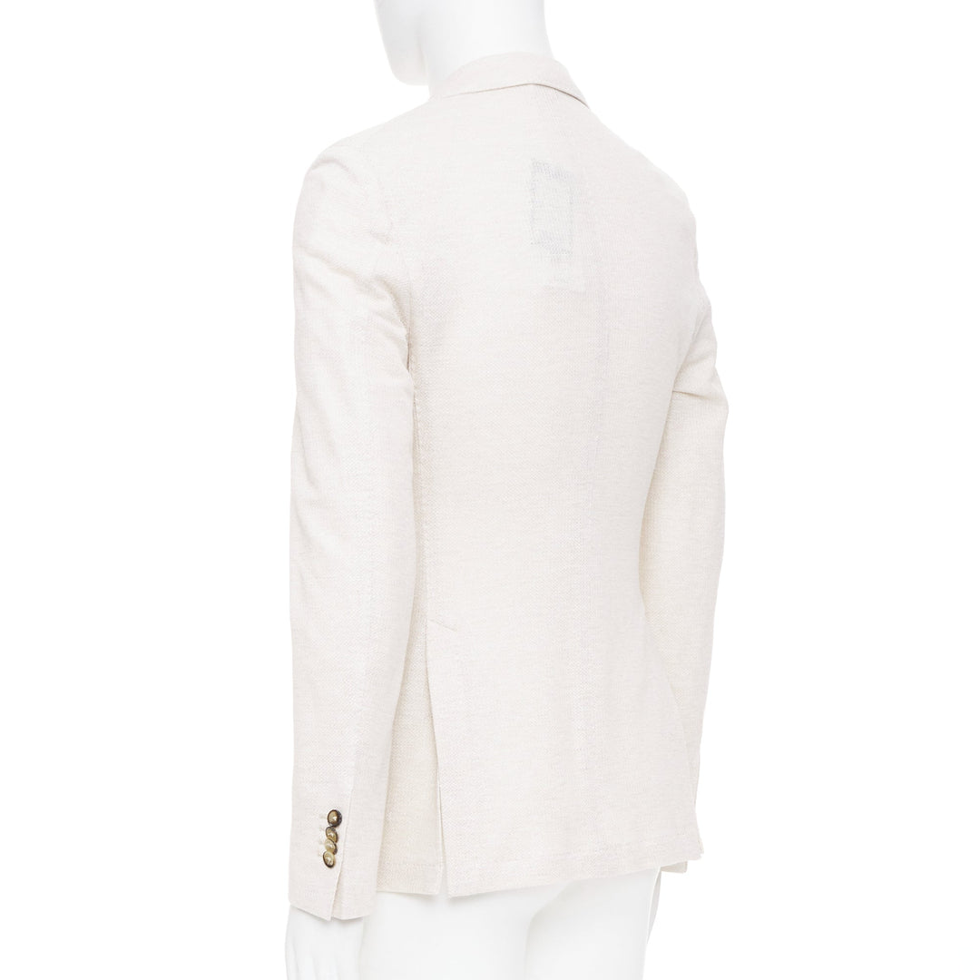 EQUIL beige flax cotton blend slub notch lapel patch pocket blazer jacket EU46 S