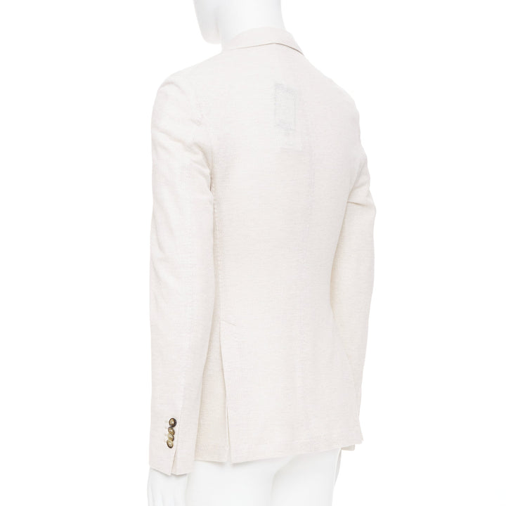 EQUIL beige flax cotton blend slub notch lapel patch pocket blazer jacket EU46 S