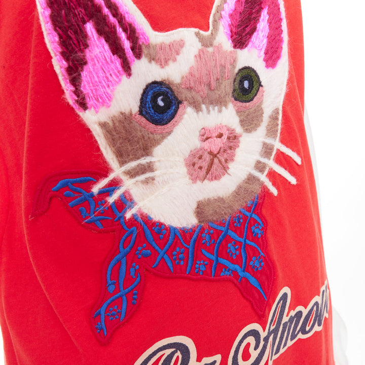 GUCCI L'Aveugle Par Amour red cat embroidered short sleeve t-shirt S
