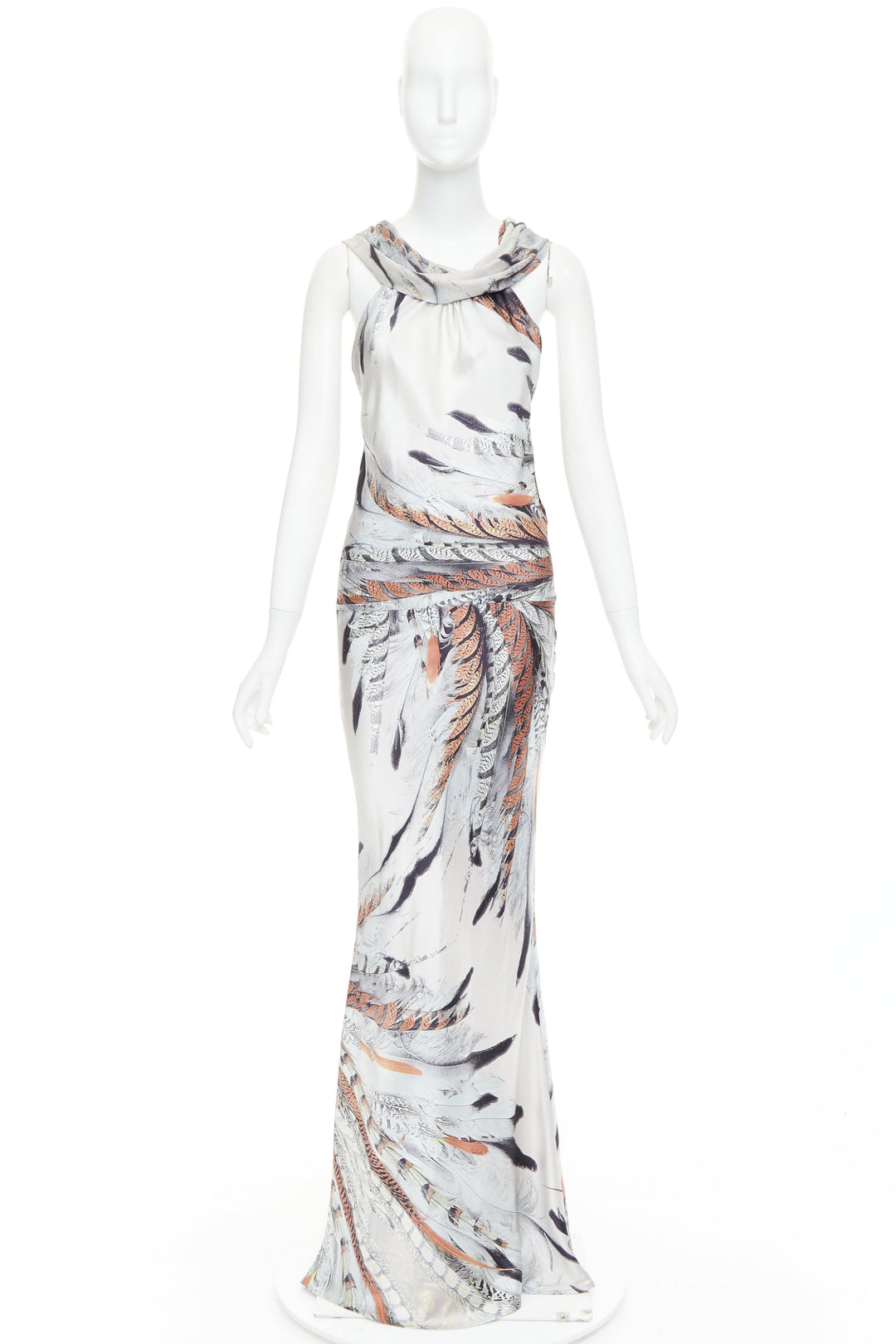 ROBERTO CAVALLI Vintage silk steel grey brown feather print drape gown dress XS