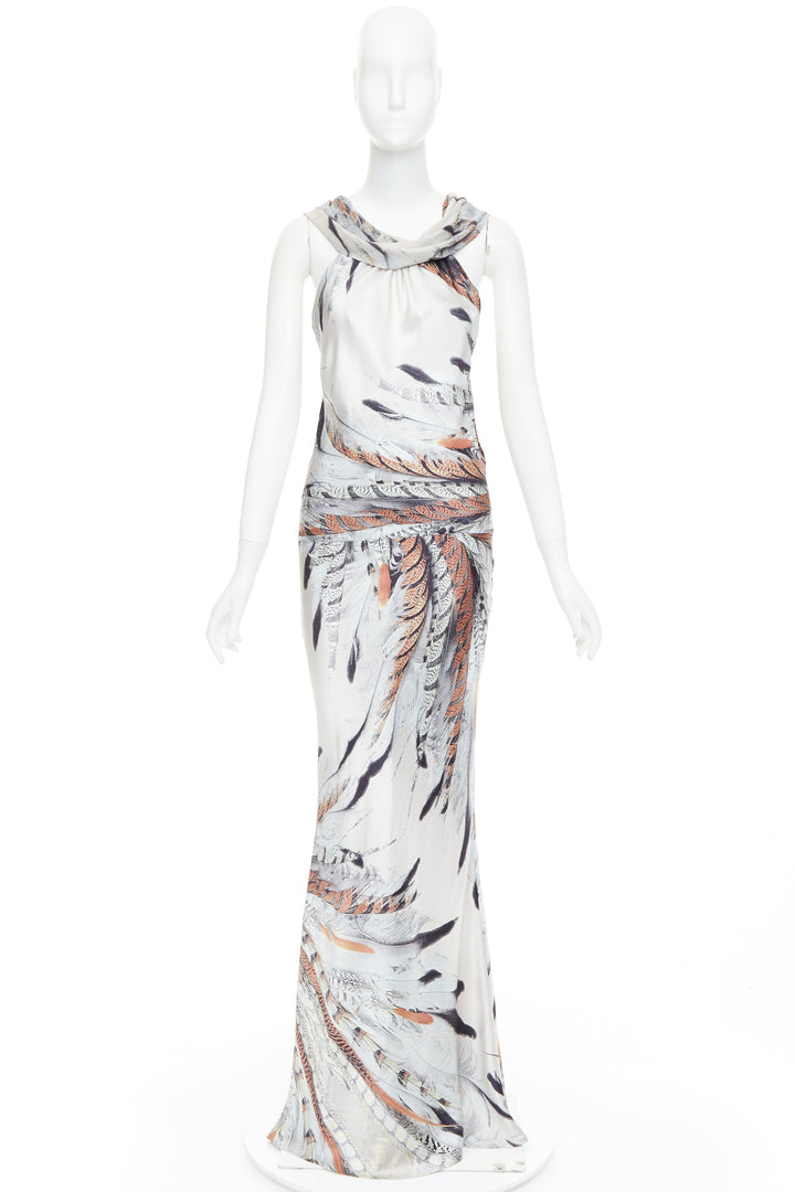 ROBERTO CAVALLI Vintage silk steel grey brown feather print drape gown dress XS