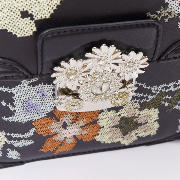 ALEXANDER MCQUEEN black lambskin leather floral embroidered 2 way satchel bag