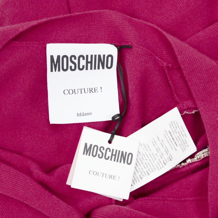 MOSCHINO fuschia pink cashmere crystal jewel cold shoulder cardigan IT38