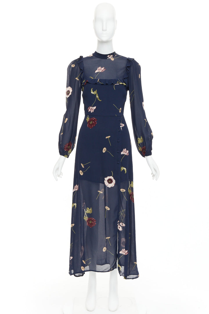 REFORMATION Gillian navy viscose floral print hi neck peasant dress US2 S