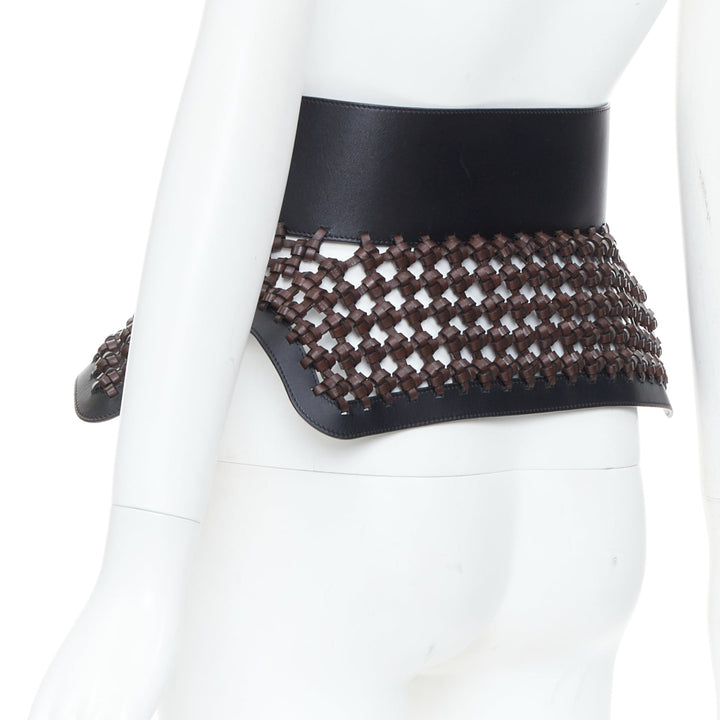 LOEWE JW Anderson black brown woven leather wide peplum Obi corset waist belt