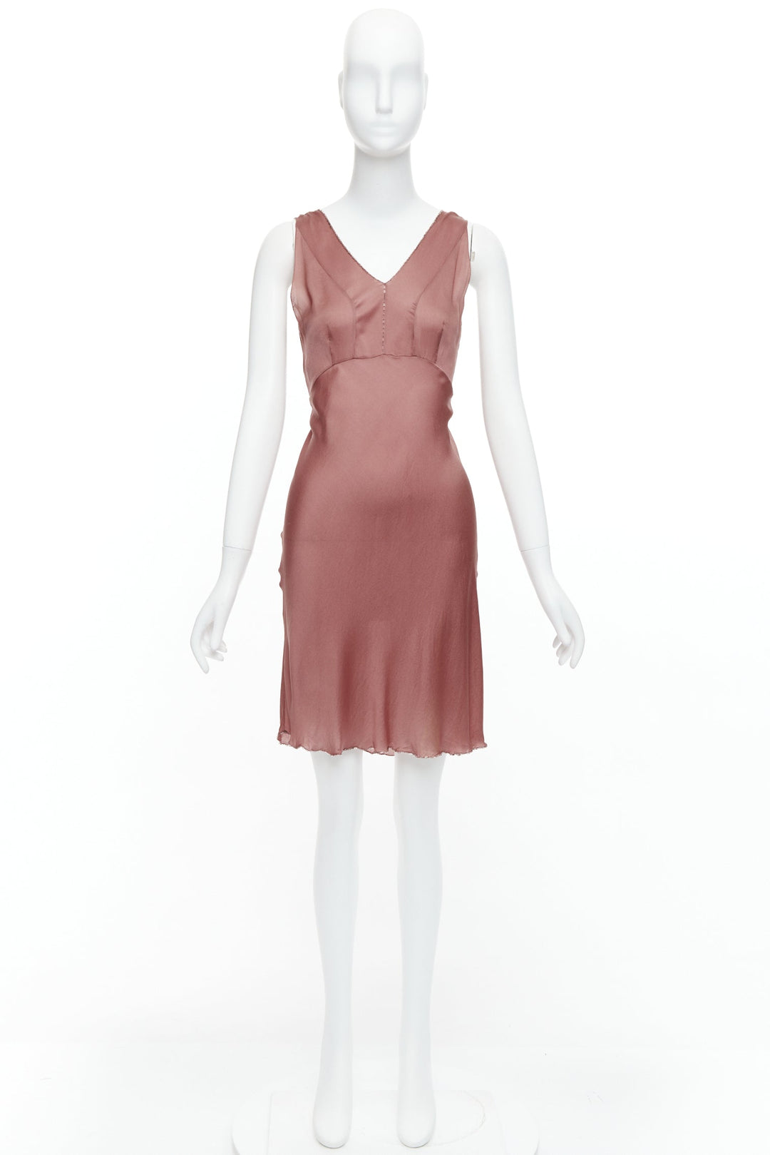 PRADA Vintage 100% silk blush pink beaded trim V neck slip dress IT42 M