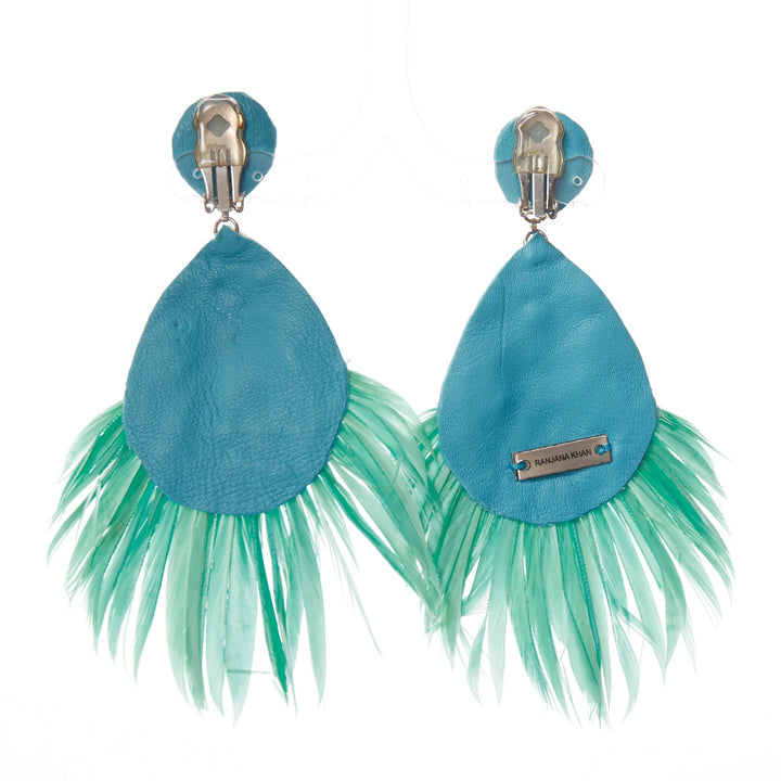 RANJANA KHAN teal green feather beads big dangling clip on earrings