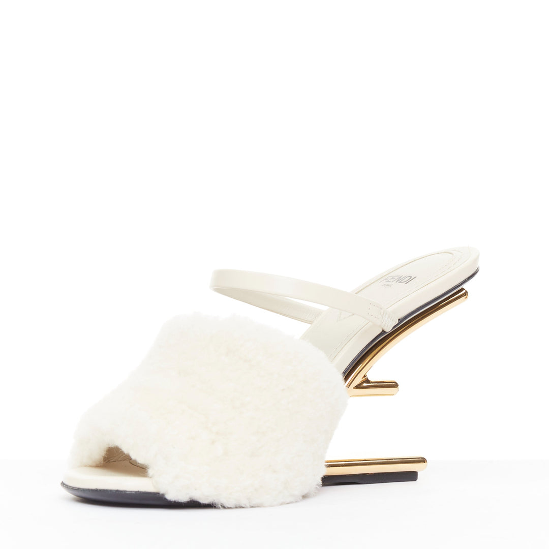 FENDI 2021 Runway First cream shearling gold F heel mule sandals EU35