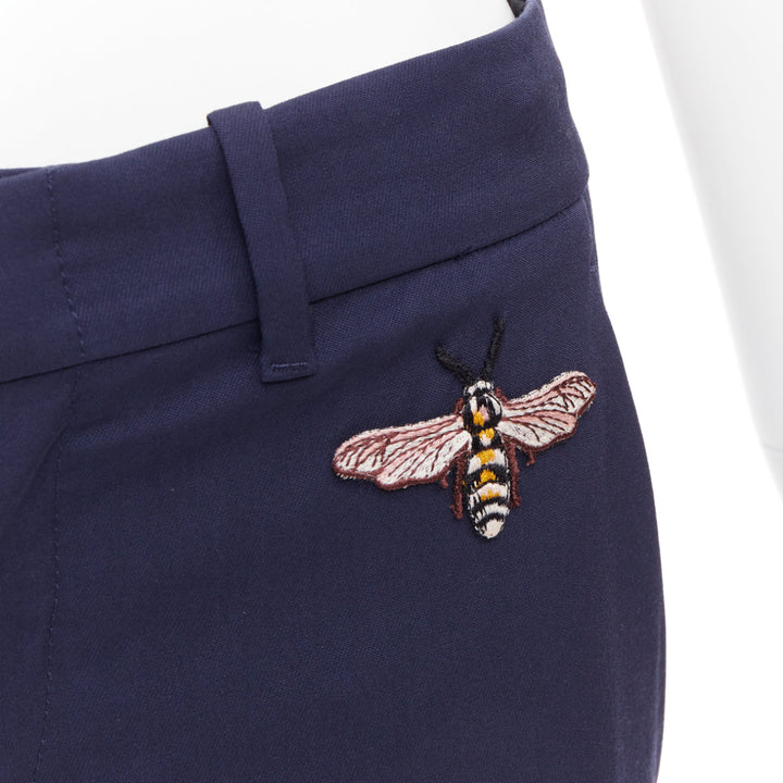 GUCCI Alessandro Michele 2017 navy bee embroidered flared pants IT38 XS
