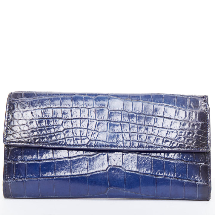 BOTTEGA VENETA blue black ombre genuine scaled leather long flap wallet