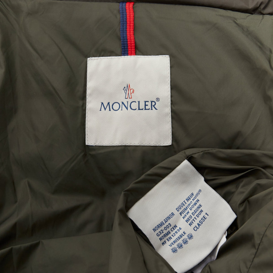 MONCLER Norme Afnor khaki quilted virgin wool blend frill hem coat Sz1 M
