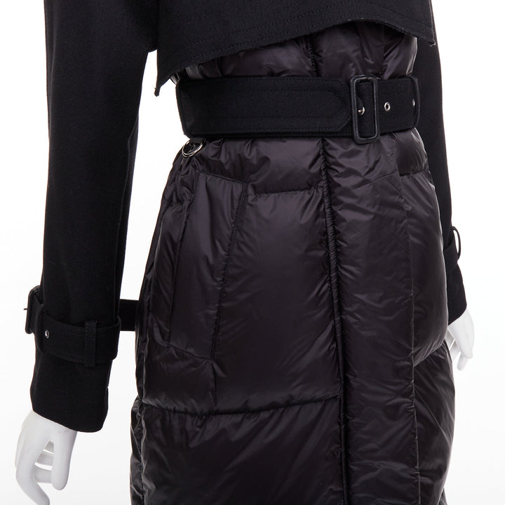 SACAI 2022 Hybrid black melton wool leather trim padded puffer trench coat JP1 S