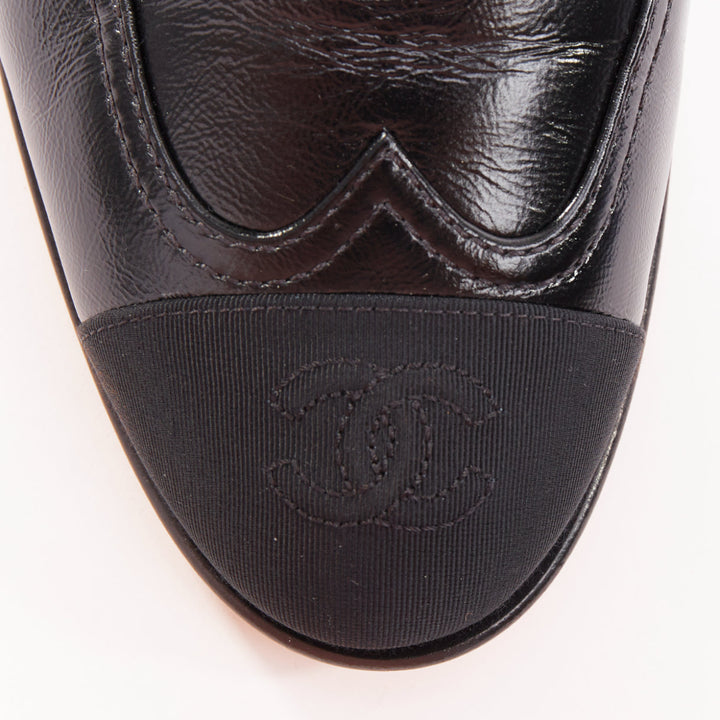 CHANEL 2023 black leather grosgrain CC cap toe T-Strap mary jane flats EU39.5