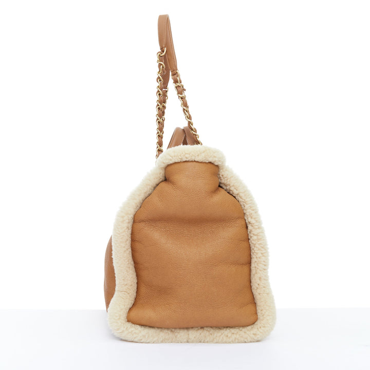 CHANEL 2024 Runway Deauville brown lambskin leather teddy shearling tote bag