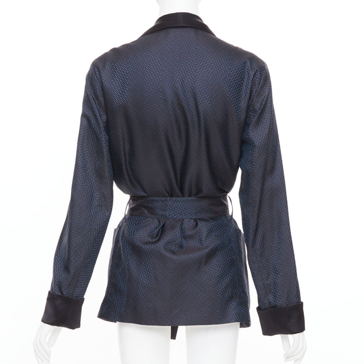 LA PERLA navy blue textured chevron jacquard silk shawl lapel smoking jacket