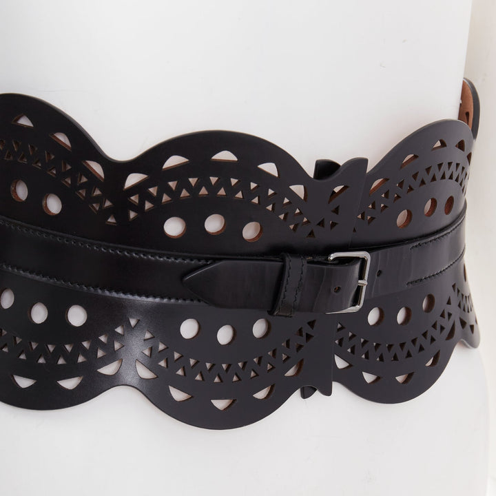 ALAIA black leather laser cut out scalloped wide statement corset belt 65cm