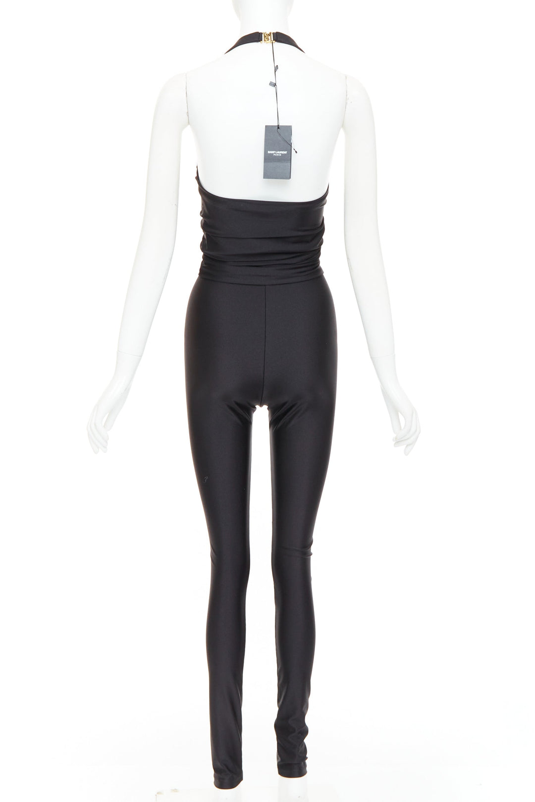 SAINT LAURENT 2022 Runway black halter sweetheart ruched catsuit bodysuit Sz 2 M