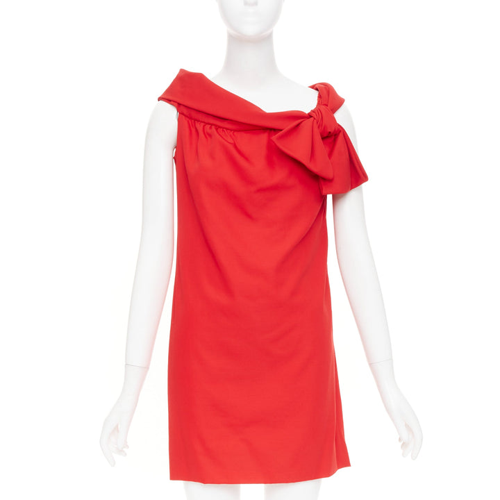 VALENTINO red virgin wool silk asymmetric bow collar shift mini dress US6 S