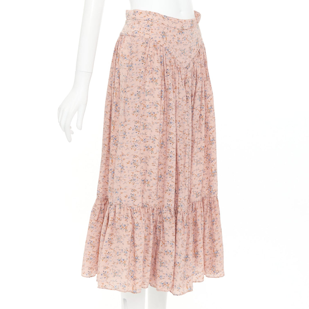 CELINE 100% silk pink blue prairie floral print midi skirt FR38 M