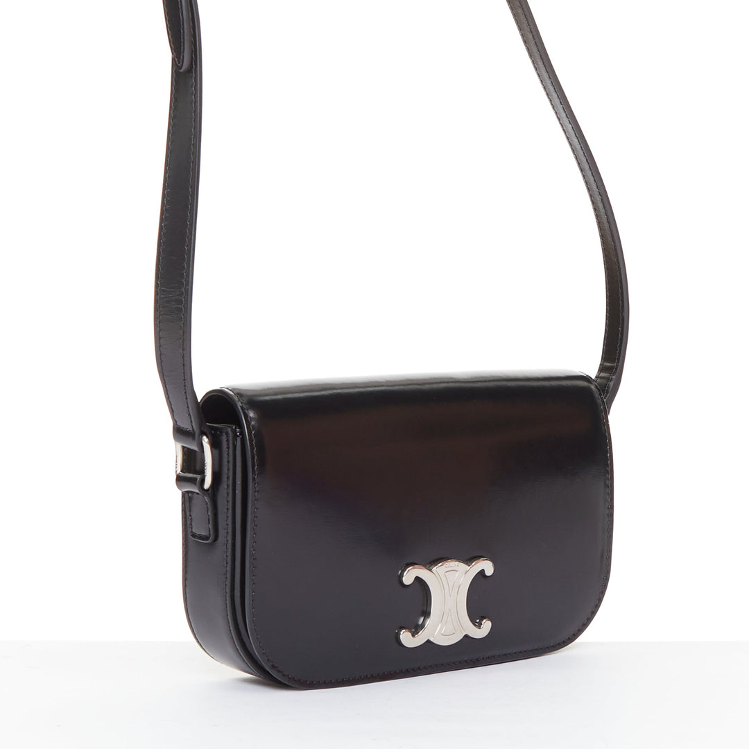 CELINE 2020 Besace Triomphe black glossed calfskin leather silver hardware bag
