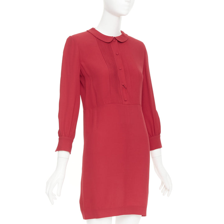 SAINT LAURENT 2013 red crepe pleated front peter pan collar mini dress FR34 XS
