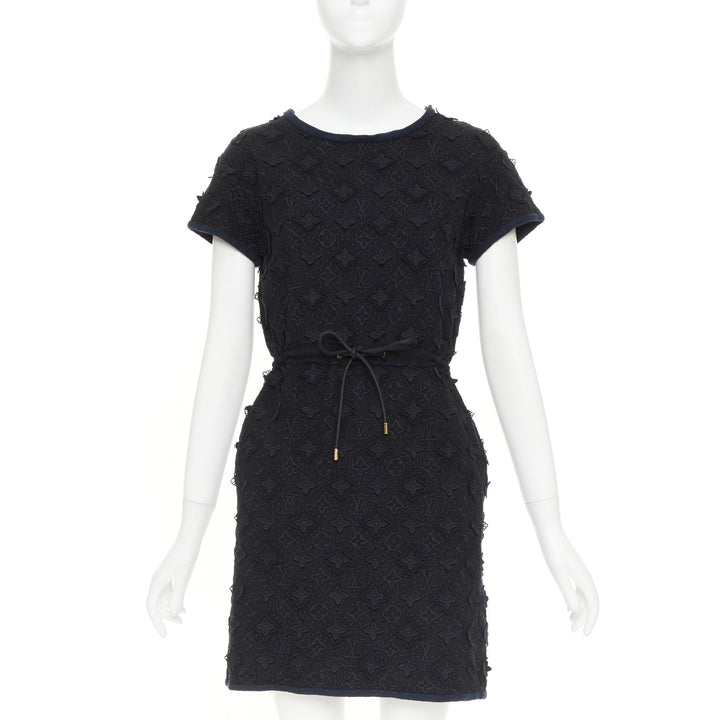 LOUIS VUITTON black LV logo monogram raised lace drawstring short dress XS
