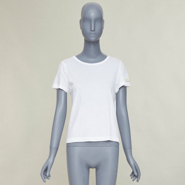 CHANEL 09P white cotton faux pearl ribbon CC logo short sleeve tshirt FR42 XL