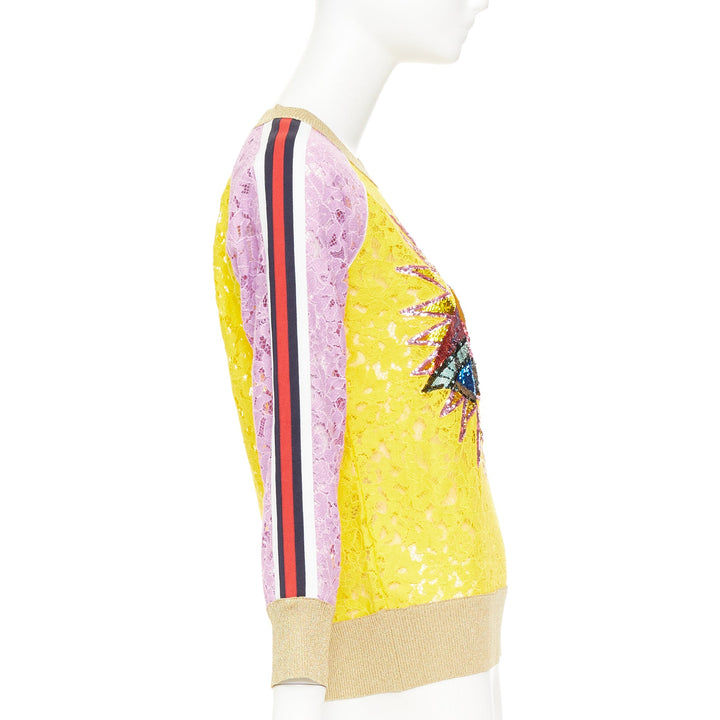 GUCCI multicolor lace UFO sunburst sequin applique pullover sweater top XS