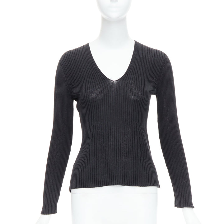 PRADA black 100% silk classic minimal ribbed Vneck long sleeve top IT42 M