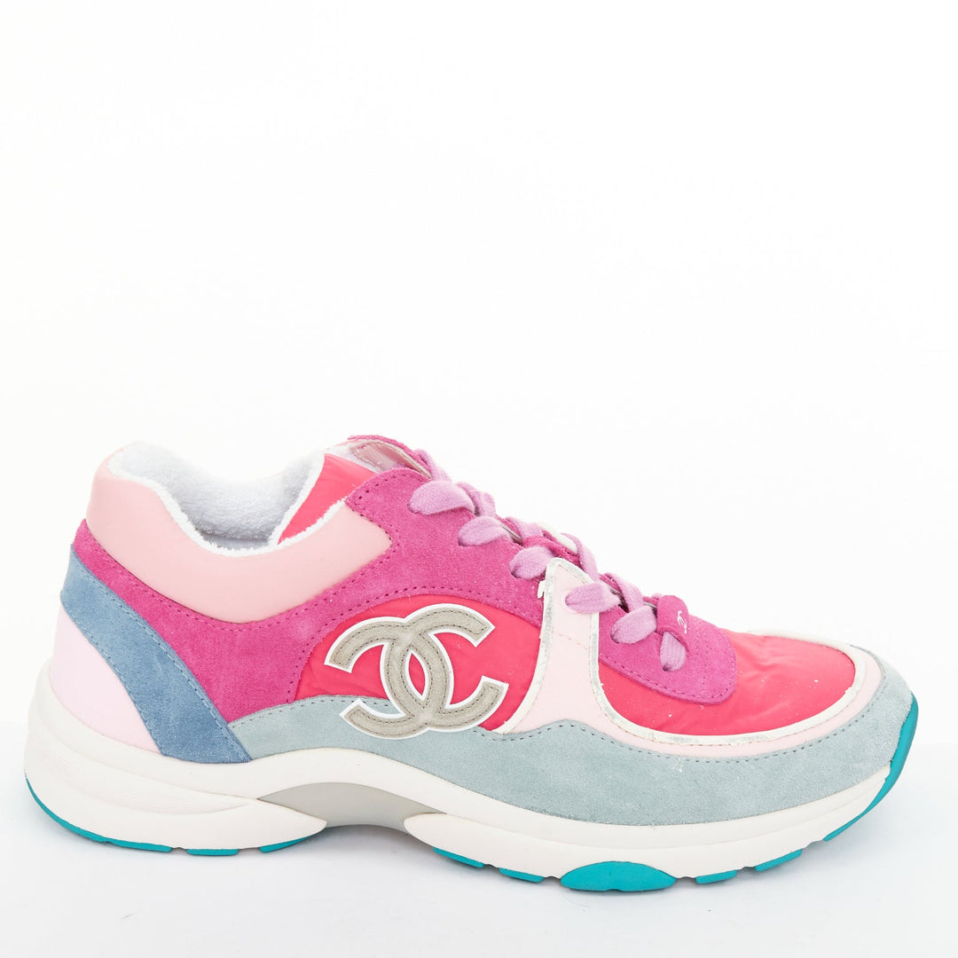 CHANEL 2018 pink blue suede fabric CC logo low top chunky sneakers EU38.5