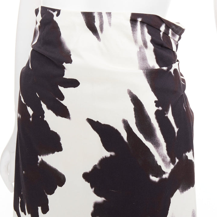 DRIES VAN NOTEN black white cotton watercolor floral print midi skirt FR38 M