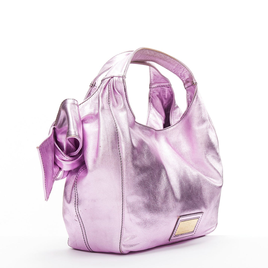 VALENTINO GARAVANI metallic purple leather bow detail hobo tote bag