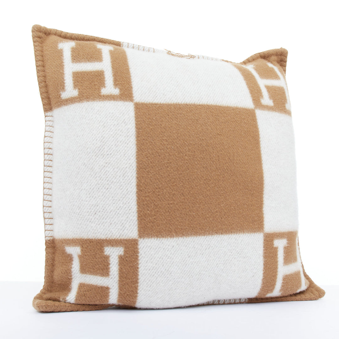 HERMES Avalon Small Model ecru camel merino wool cashmere jacquard pillow PM