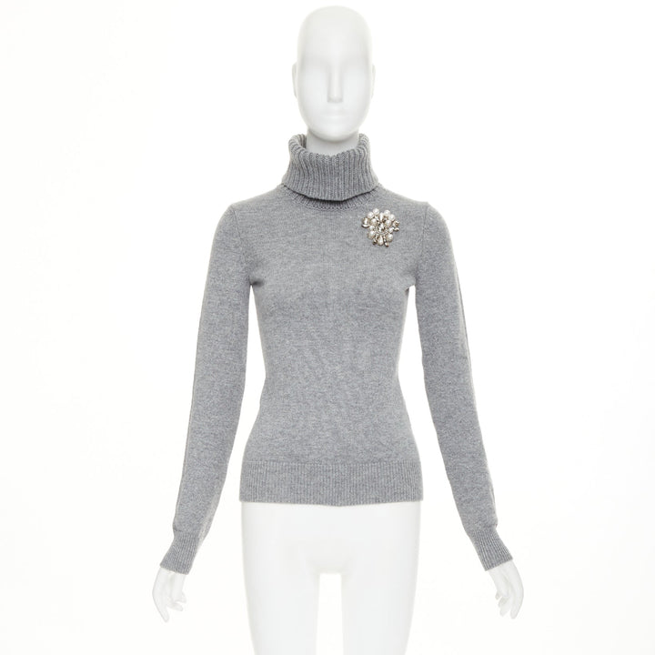 ALEXANDER MCQUEEN 2020 100% cashmere greypearl clear crystal brooch sweater  S