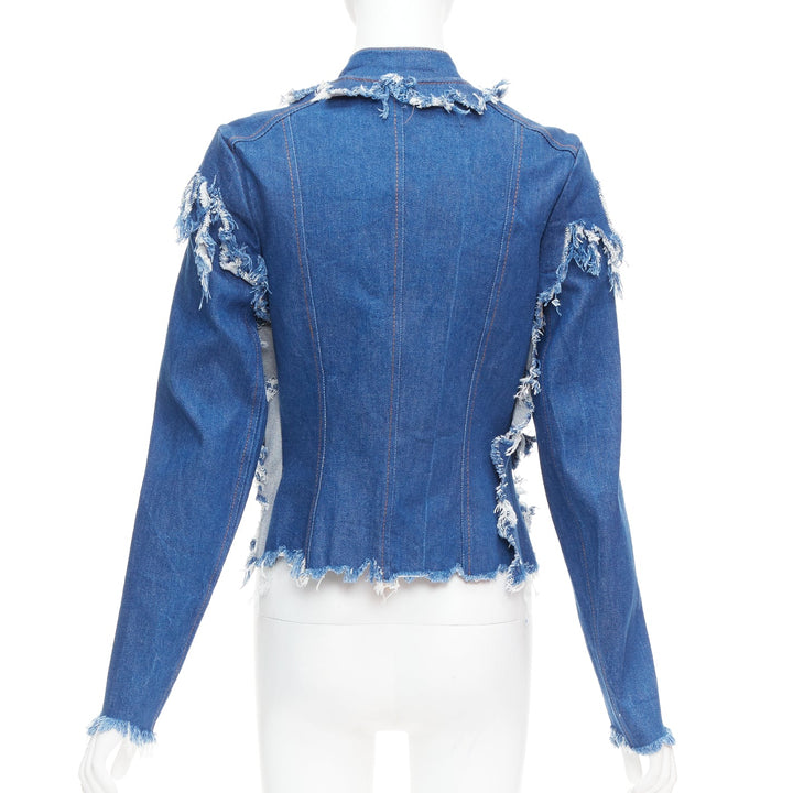 LADO BAKUCHAVA blue distressed shredded denim tie front jacket XS