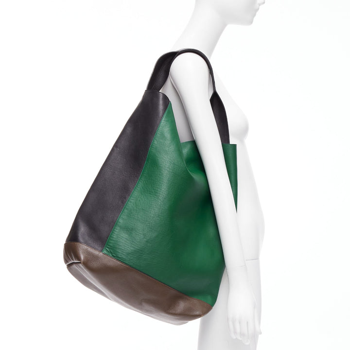 MARNI green black brown colorblock thick handle large shoulder tote bag