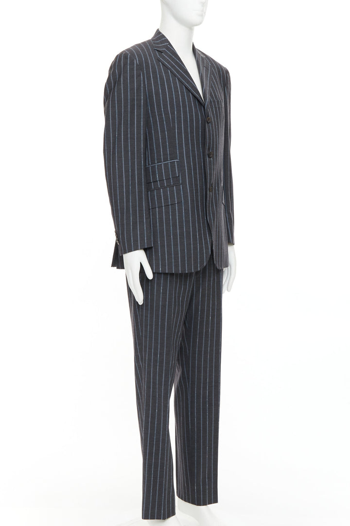 ETRO grey blue pinstripe 100% wool single breasted blazer jacket IT50 L