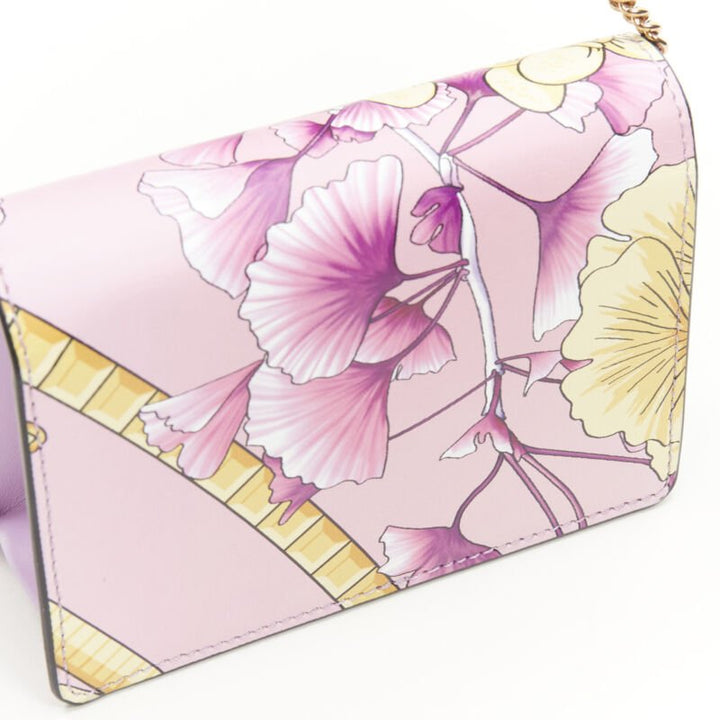 VERSACE Gingko Barocco pink gold floral leather wallet crossbody micro bag