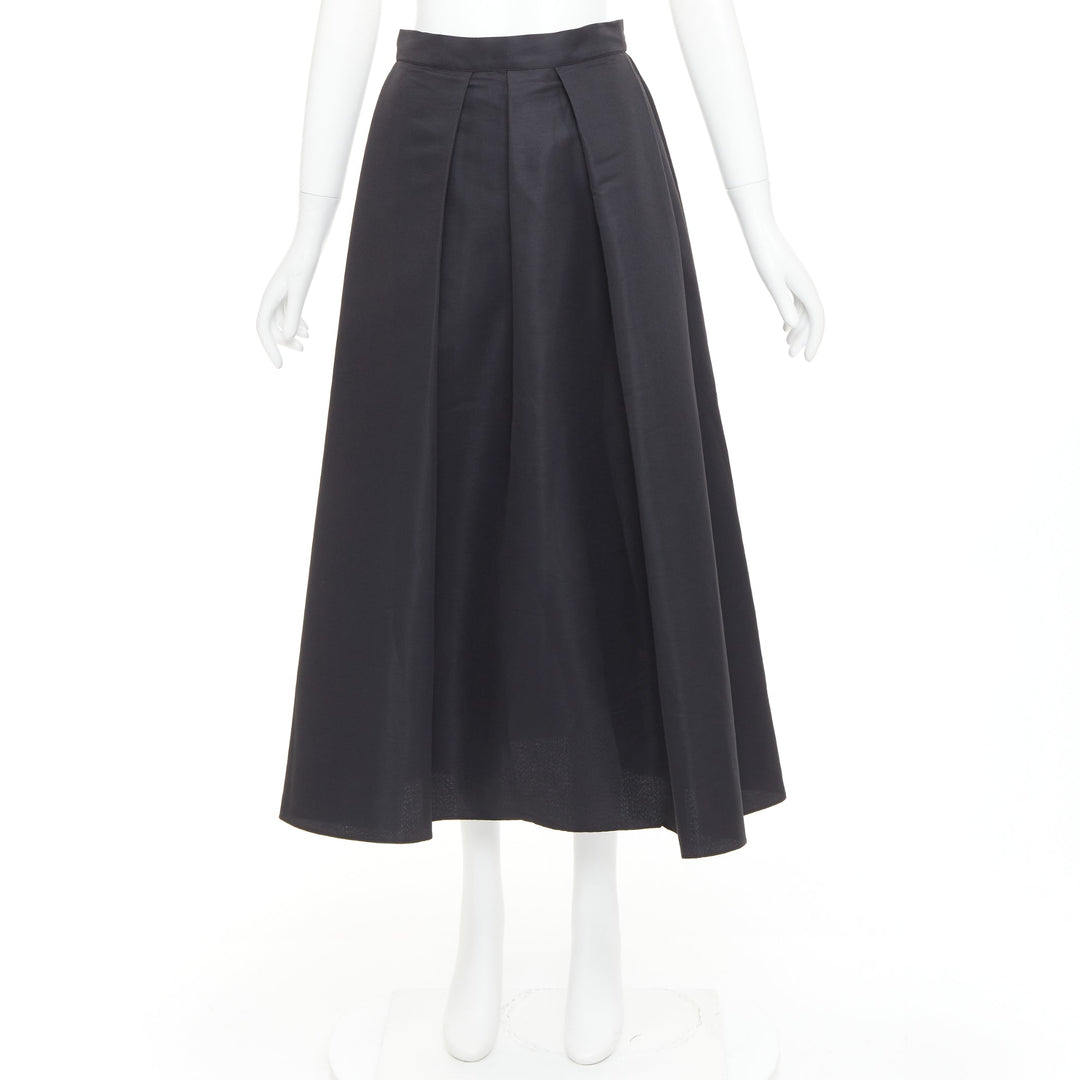 SACHIN AND BABI Leighton black satin crepe box pleat tea flared skirt US2 S