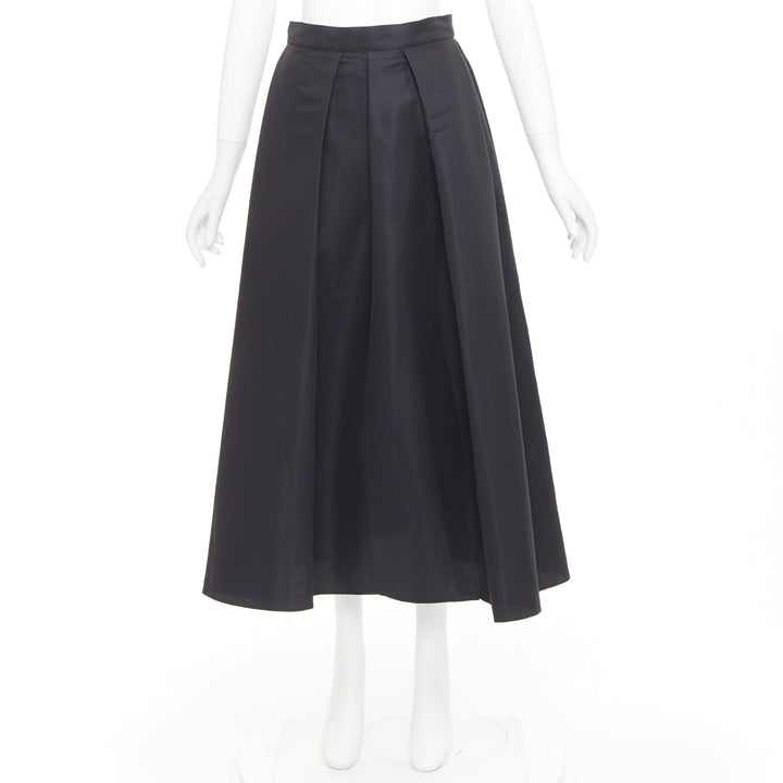 SACHIN AND BABI Leighton black satin crepe box pleat tea flared skirt US2 S