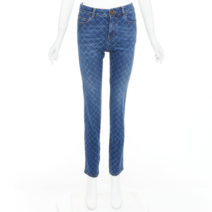 CHANEL blue washed diamond grid quilt mid waist skinny jeans FR38 M